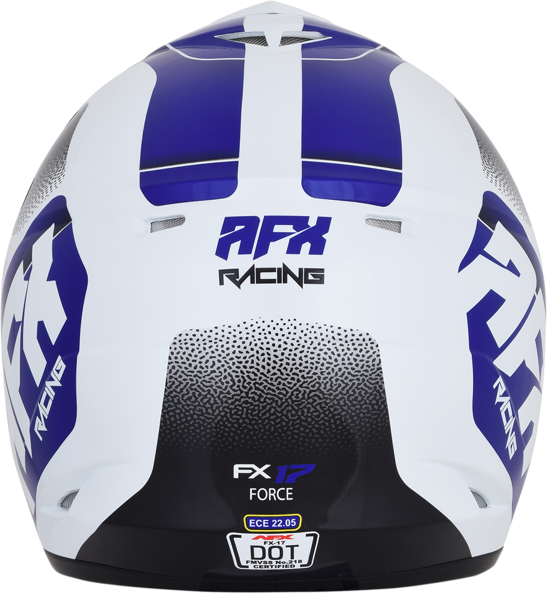 AFX FX-17 Force helmet in pearl white and blue, medium size, designed for motorcycle riders, featuring a sleek, aerodynamic helmet shape.