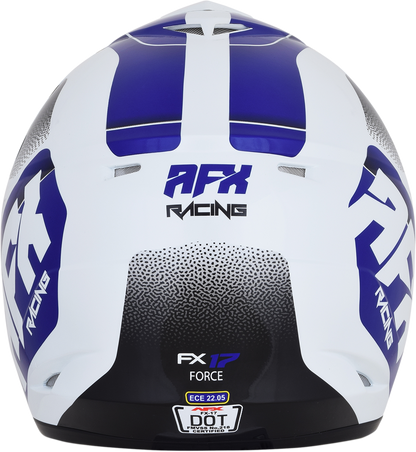 AFX FX-17 Force helmet in pearl white and blue, medium size, designed for motorcycle riders, featuring a sleek, aerodynamic helmet shape.