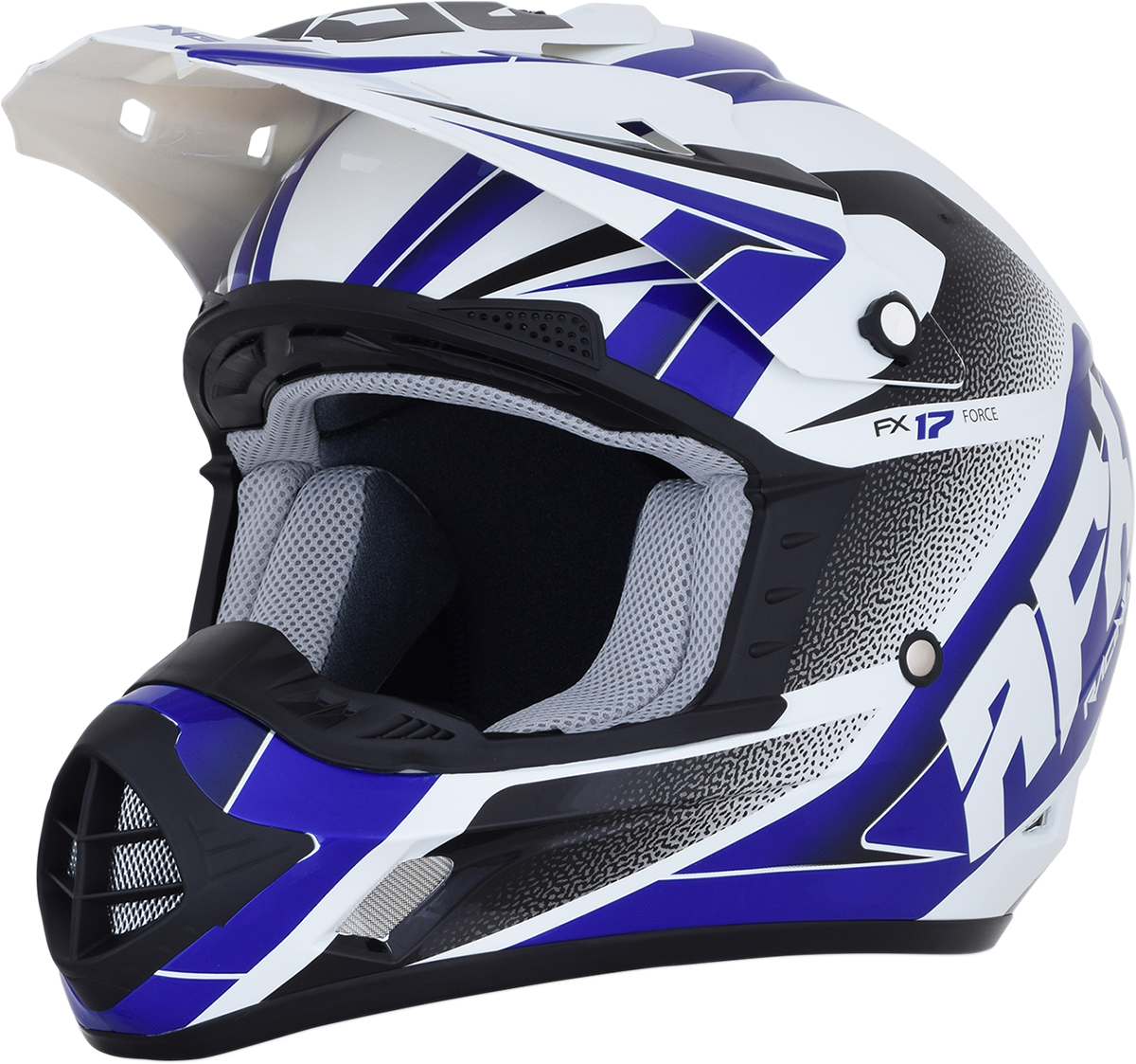 Bill's Exhausts AFX FX-17 Force helmet in pearl white and blue, medium size, with a sleek motorcycle helmet design.