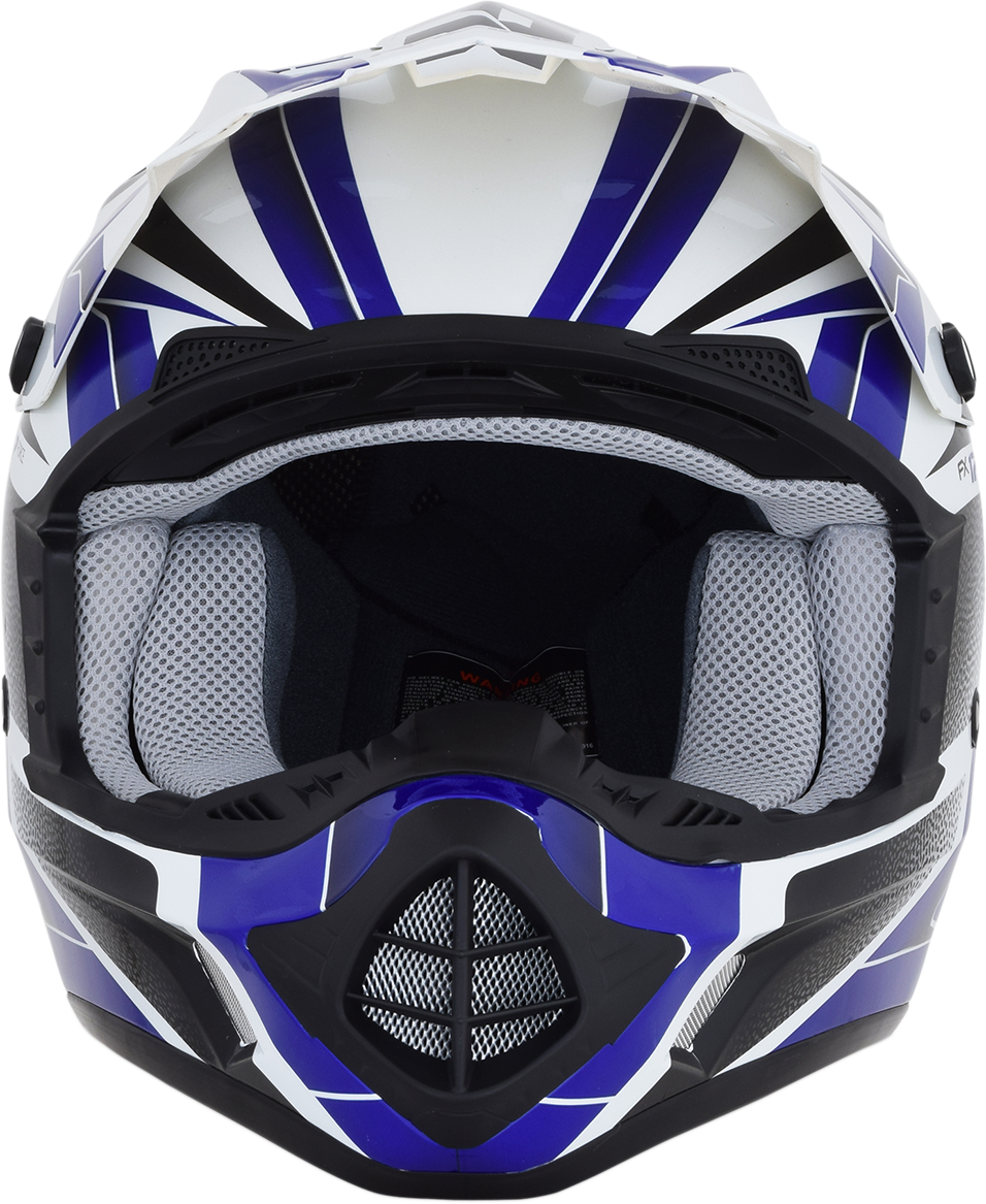 AFX FX-17 Force helmet in pearl white and blue, medium size, with sleek aerodynamic design and clear visor.