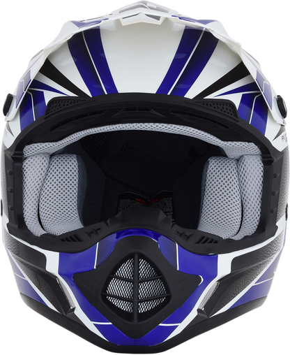 AFX FX-17 Force helmet in pearl white and blue, medium size, with sleek aerodynamic design and clear visor.