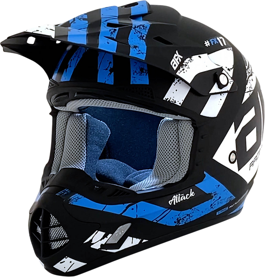 AFX FX-17Y Attack helmet in matte black and blue, medium size, featuring aerodynamic design and ventilation openings.