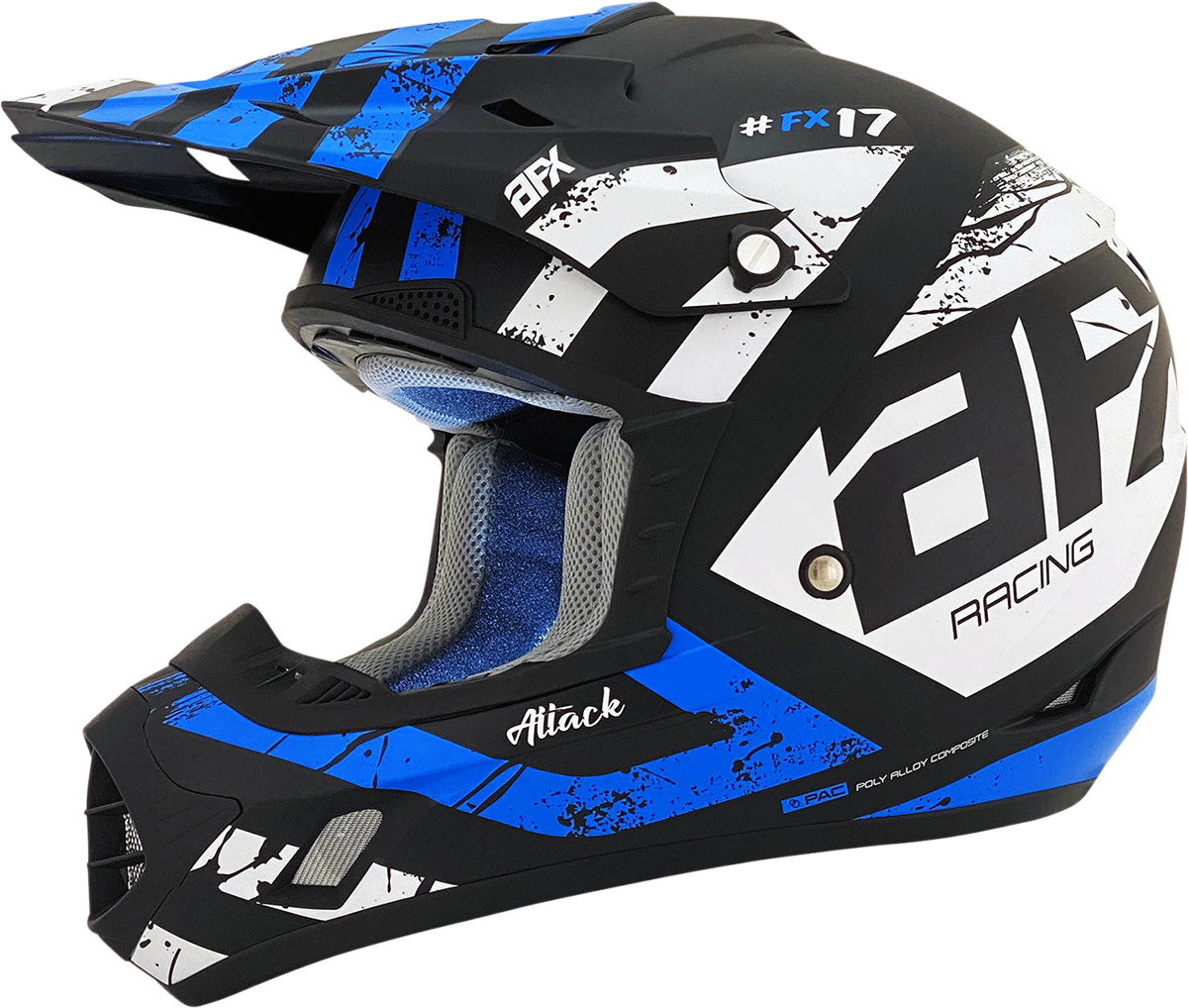 Bill's Exhausts AFX FX-17Y Attack helmet in matte black and blue, small size, shown with secure strap and sleek design.