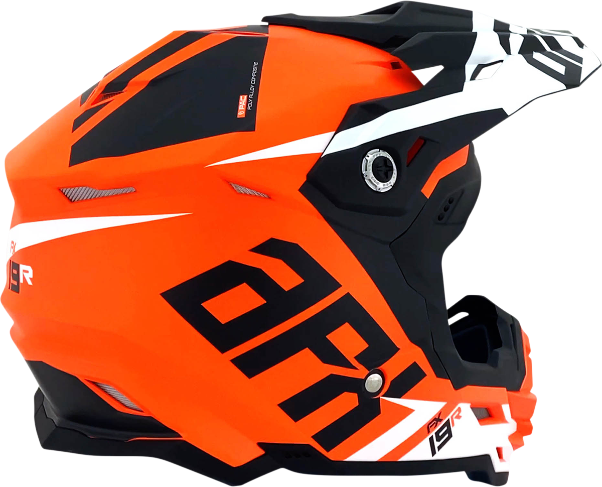 Bill's Exhausts AFX FX-19R racing helmet in matte orange, large size, featuring aerodynamic design and racing safety features.