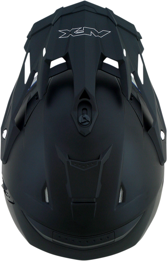 Bill's Exhausts AFX FX-41DS Peak helmet in flat black, showcasing a sleek motorcycle helmet design with matte finish.