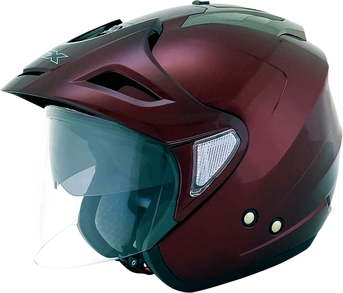 Wine-colored AFX FX-50 helmet in XS size by Bill's Exhausts, featuring a sleek, aerodynamic design with secure strap.
