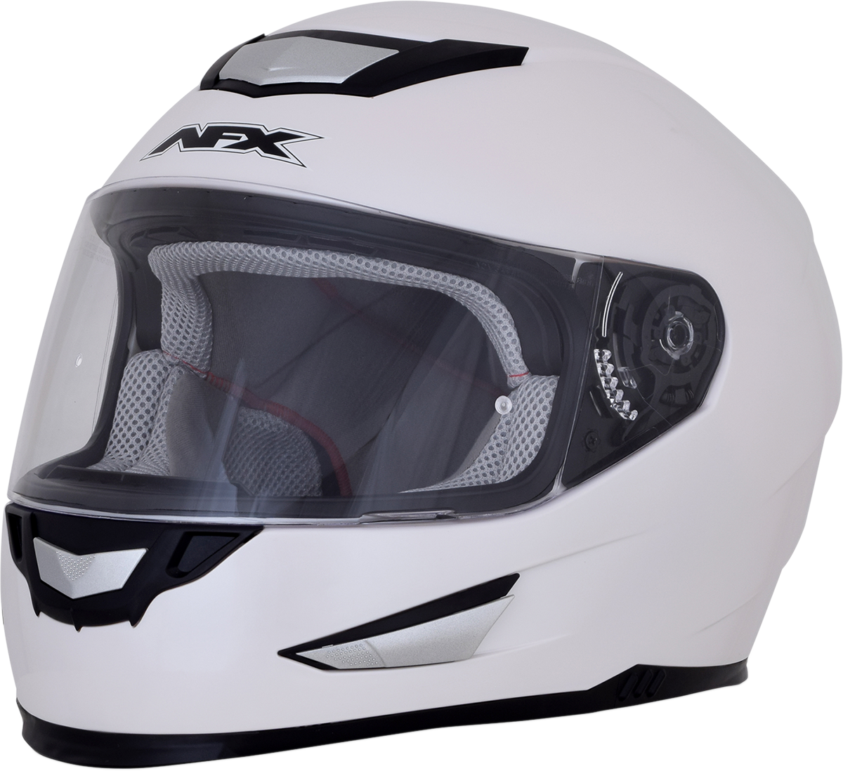 Pearl white AFX FX-99 helmet by Bill's Exhausts, small size, shown from front view with helmet straps.