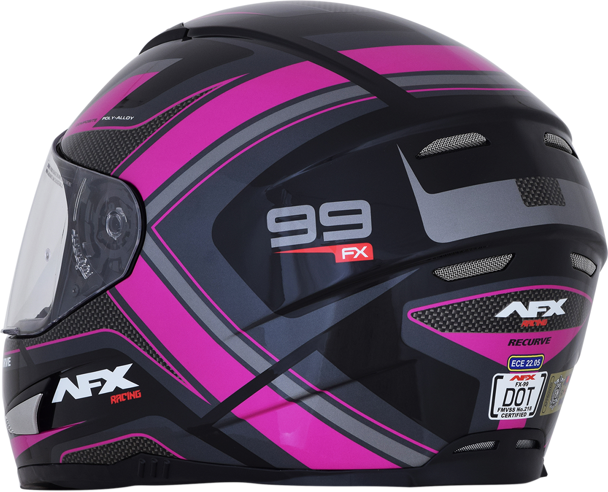 Black and fuchsia AFX FX-99 Recurve helmet in small size, featuring a sleek design and secure fit for motorcycle riders.