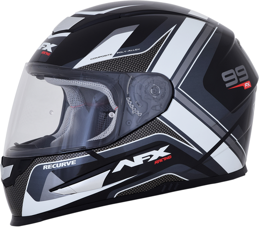 Black and white AFX FX-99 Recurve helmet in small size, featuring a sleek design and comfortable fit, ideal for motorcycle riders.
