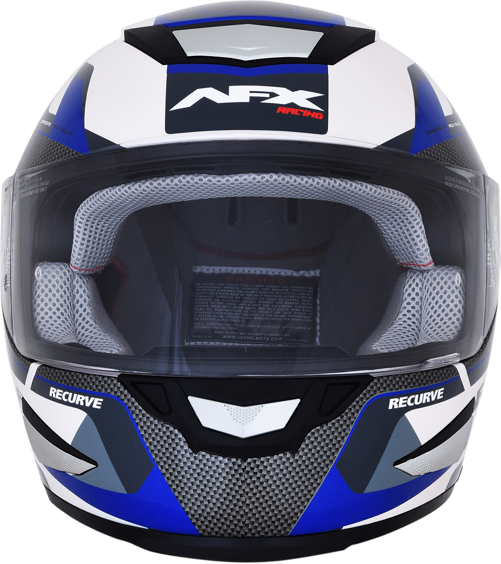 Bill's Exhausts AFX FX-99 Recurve helmet in pearl white and blue, medium size, with sleek aerodynamic design and secure chin strap