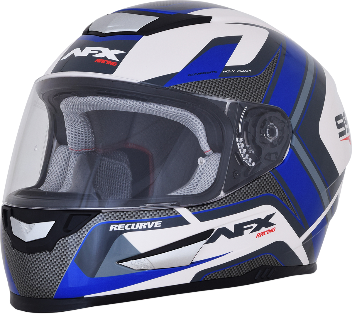 Bill's Exhausts AFX FX-99 Helmet Recurve in Pearl White and Blue, medium size, featuring a sleek aerodynamic design.