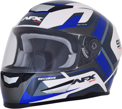Bill's Exhausts AFX FX-99 Helmet Recurve in Pearl White and Blue, medium size, featuring a sleek aerodynamic design.