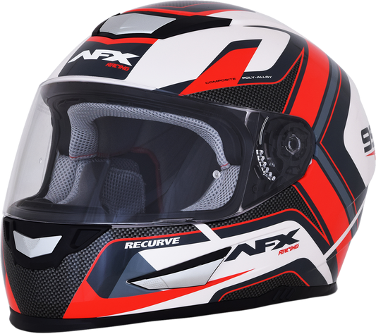 Bill's Exhausts AFX FX-99 Recurve helmet in pearl white and red, large size, with aerodynamic design and secure chin strap.