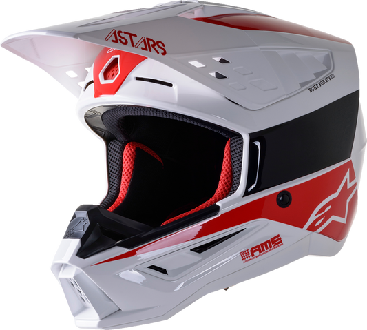Alpinestars SM5 Bond helmet in white and red with black accents, medium size, featuring a sleek aerodynamic design.