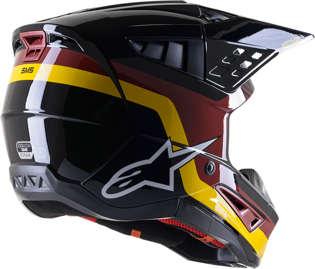 Alpinestars SM5 Venture helmet in black, Bordeaux, yellow with glossy finish, large size, designed for motorcycle riders.