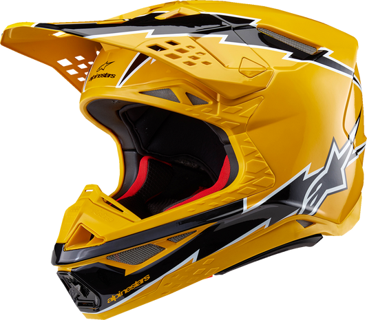 Alpinestars Supertech M10 helmet in gloss black and yellow with MIPS® protection, size large, designed for motorcycle racing.