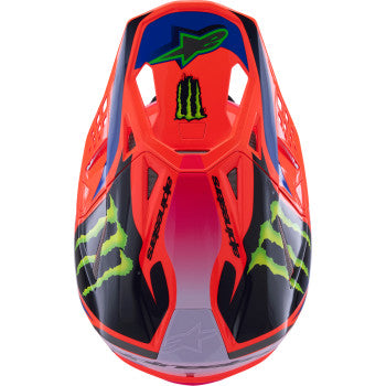 Alpinestars Supertech M10 Deegan Monster helmet in gloss orange fluorescent purple and pink with MIPS protection, size 2XL.