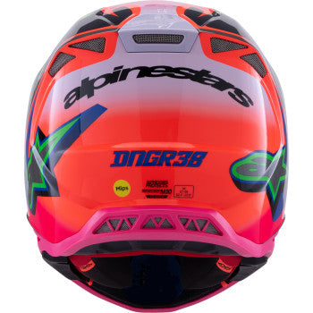 Alpinestars Supertech M10 helmet Deegan Monster with MIPS in gloss orange fluo, purple, and pink fluo, large size, racing helmet style.