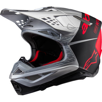 Alpinestars Supertech M10 helmet in gloss silver, black, and orange fluo with MIPS® technology, medium size, shown from the front.