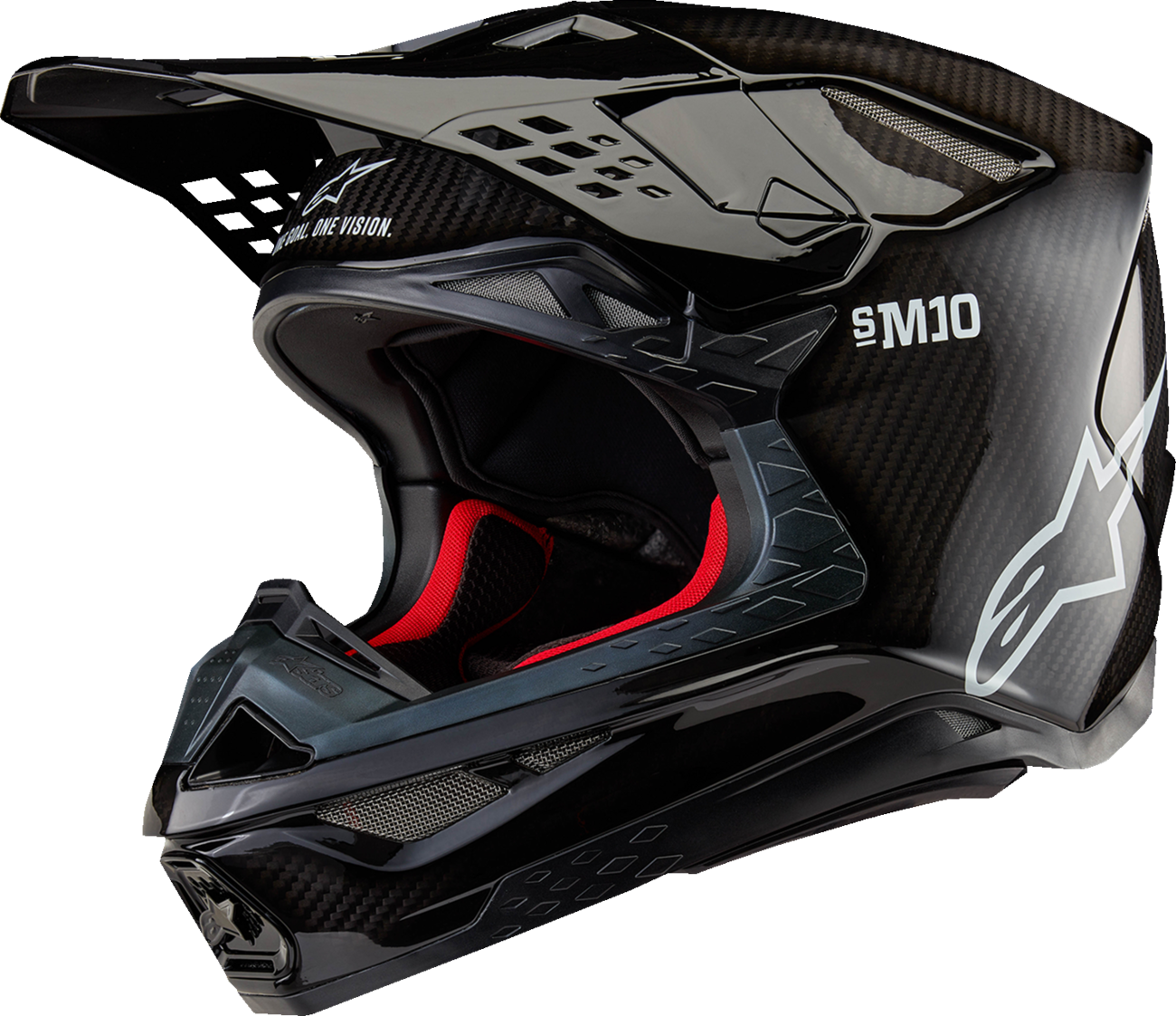 Alpinestars Supertech M10 helmet in gloss black carbon with MIPS, solid design, small size, for motorcycle riding safety.