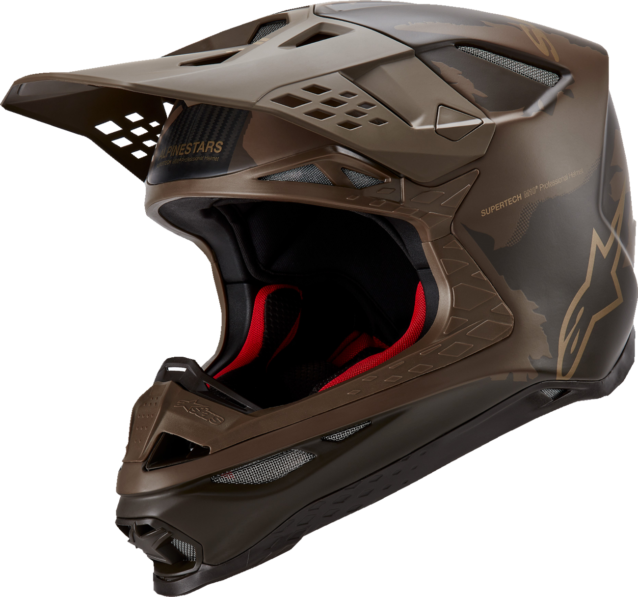 Alpinestars Supertech M10 Helmet Squad MIPS in dark brown and gold, small size, featuring sleek aerodynamic design.