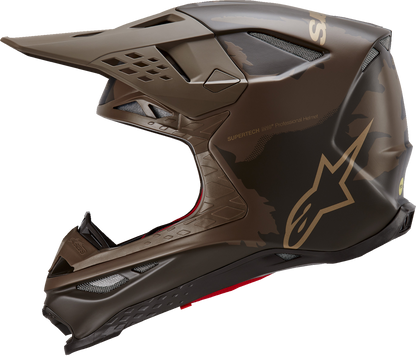 Alpinestars Supertech M10 Squad helmet in dark brown and gold with MIPS® protection, small size, featuring a sleek racing design.