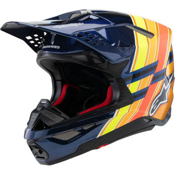 Alpinestars Supertech M10 TLD Edition helmet in gloss dark blue, orange, yellow, and fluo red with MIPS® protection, size XS.