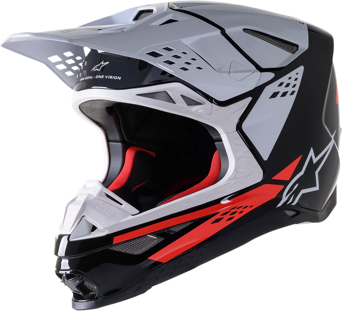 Alpinestars Supertech M8 racing helmet in black, white, and red with aerodynamic visor and ventilation features, Medium size.