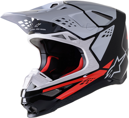Alpinestars Supertech M8 racing helmet in black, white, and red with aerodynamic visor and ventilation features, Medium size.