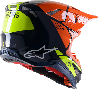 Alpinestars Supertech M8 helmet in factory blue, orange, and yellow, 2XL size, designed for motorcycle racing.