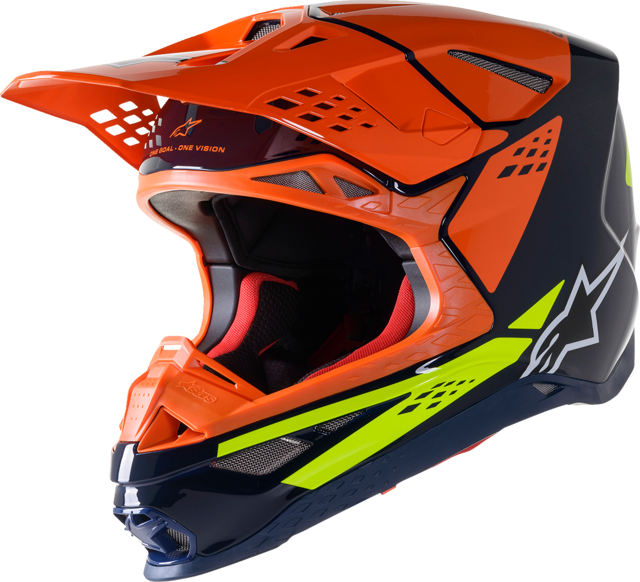Alpinestars Supertech M8 helmet in blue, orange, and yellow with a sleek racing design, small size, shown from the front angle.