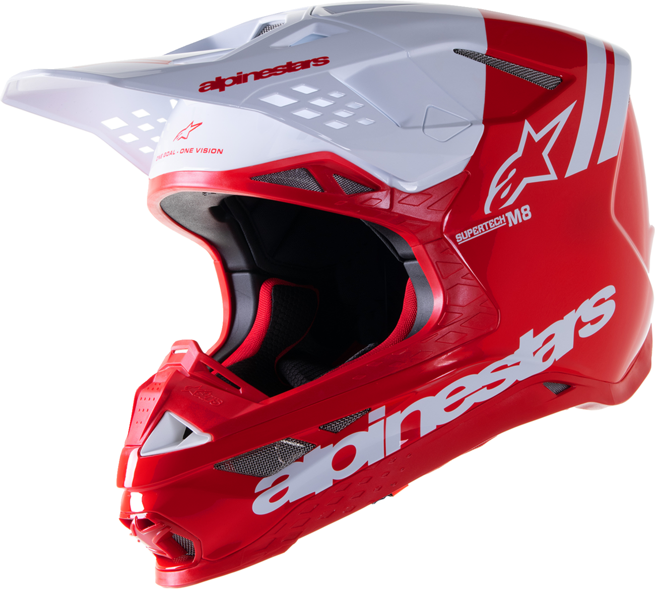 Alpinestars Supertech M8 Helmet Radium 2 MIPS® in gloss red and white, 2XL size, with aerodynamic design and venting features.