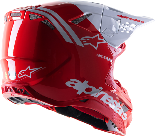 Alpinestars Supertech M8 Radium 2 helmet in gloss red and white with MIPS, large size, designed for motorcycle racing safety.