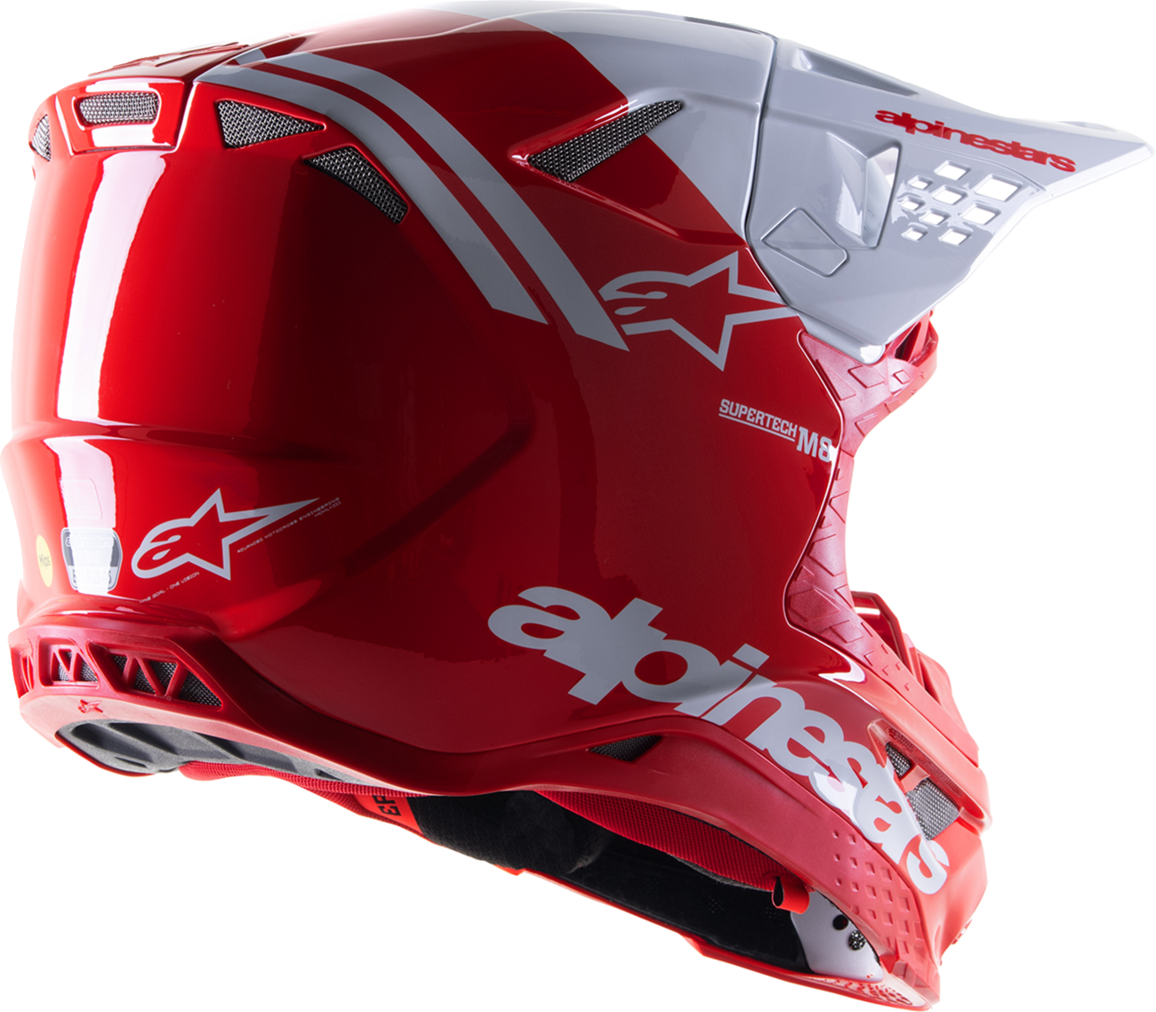 Alpinestars Supertech M8 Radium 2 helmet in gloss red and white with MIPS® technology, size medium, for motorcycle racing.
