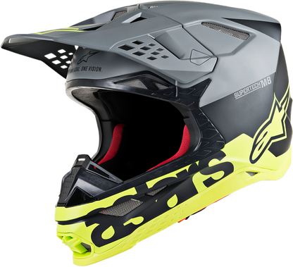 Alpinestars Supertech M8 Helmet in matte black, mid gray, and yellow fluo with MIPS protection, XS size, racing helmet design.