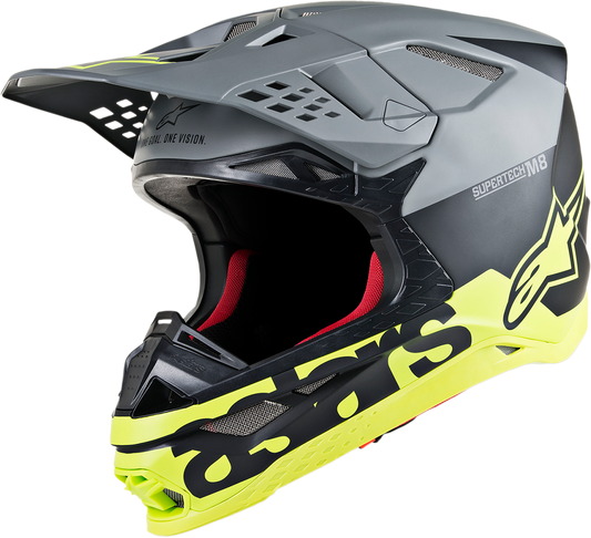 Alpinestars Supertech M8 Helmet in matte black, mid gray, and yellow fluo with MIPS protection, XS size, racing helmet design.