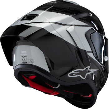 Alpinestars Supertech R10 Element helmet in carbon, silver, and black with a medium size, racing helmet design.