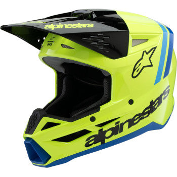 Alpinestars Youth SM3 helmet in gloss yellow fluo, black and blue, small size, featuring a sleek racing design.