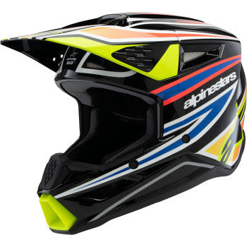 Alpinestars Youth SM3 helmet in gloss black, yellow fluo, blue, and red with a secure strap and ventilation, medium size.