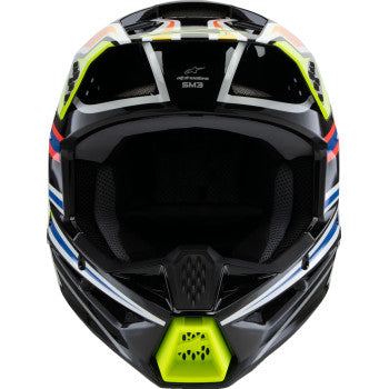 Alpinestars Youth SM3 helmet in gloss black with yellow fluo, blue, and red details, medium size, featuring a sleek, aerodynamic design.