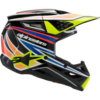 Alpinestars Youth SM3 helmet in gloss black, yellow fluo, blue, and red with a sleek design and adjustable visor.