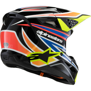 Alpinestars Youth SM3 helmet in gloss black, yellow fluo, blue, and red, shown from the front with ventilation details.