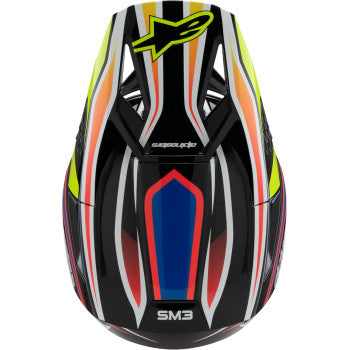 Alpinestars Youth SM3 helmet in gloss black, yellow fluo, blue, and red with a secure strap and ventilation on a white background.