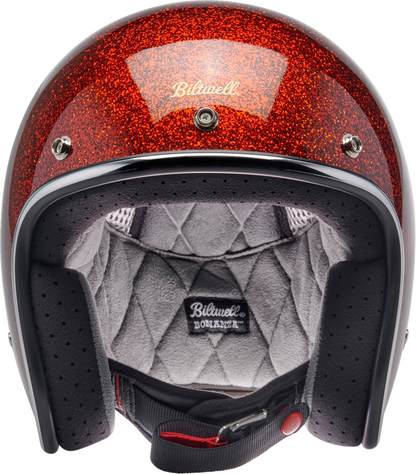 Biltwell Bonanza Helmet in Rootbeer Megaflake finish, medium size, featuring a sleek motorcycle helmet design.