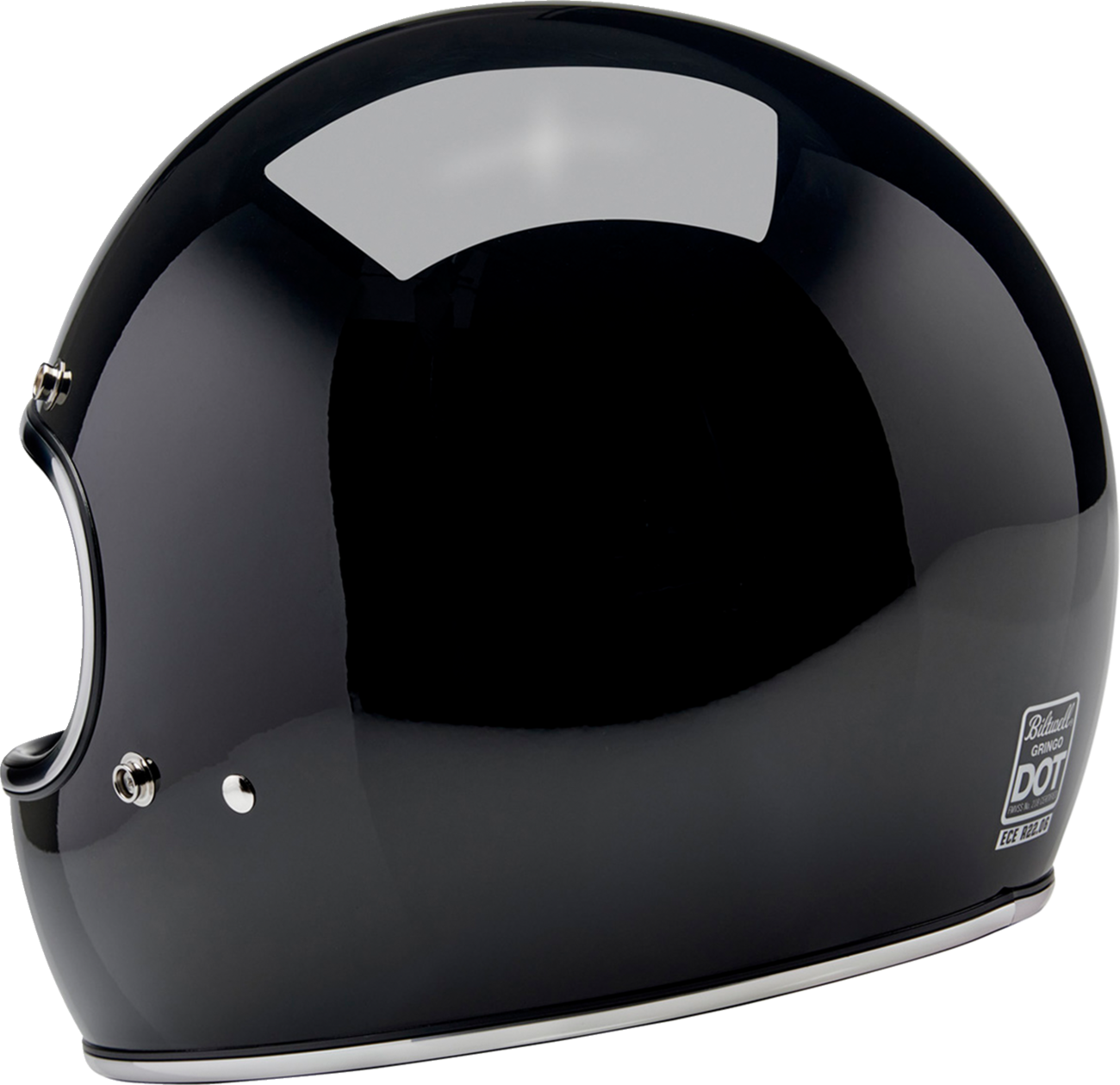 BILTWELL Gringo helmet in glossy black, 2XL size, featuring a sleek motorcycle helmet design with a secure strap and ventilation.