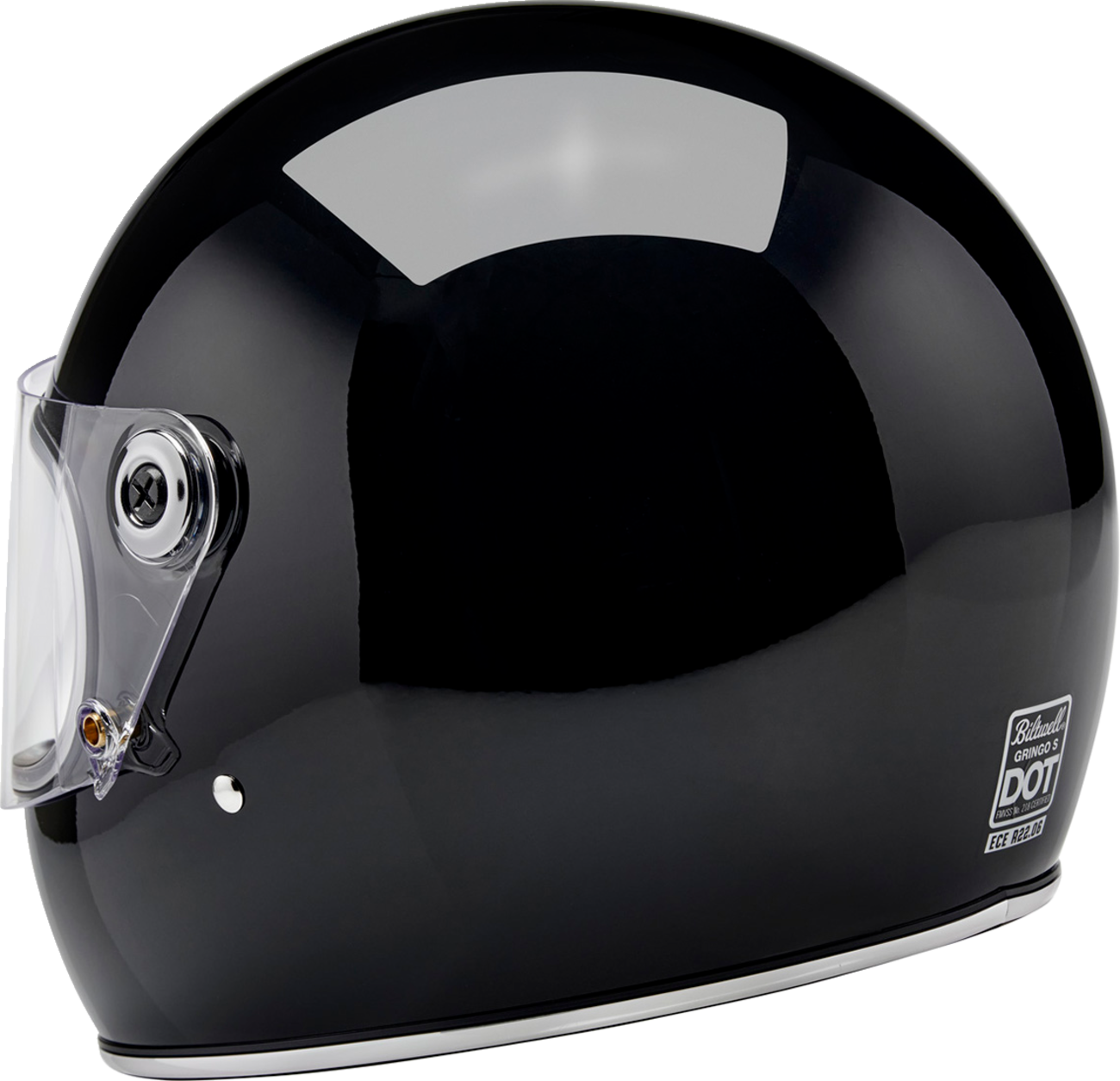 BILTWELL Gringo S helmet in glossy black, large size, with a sleek design, safety features, and ventilation visible.