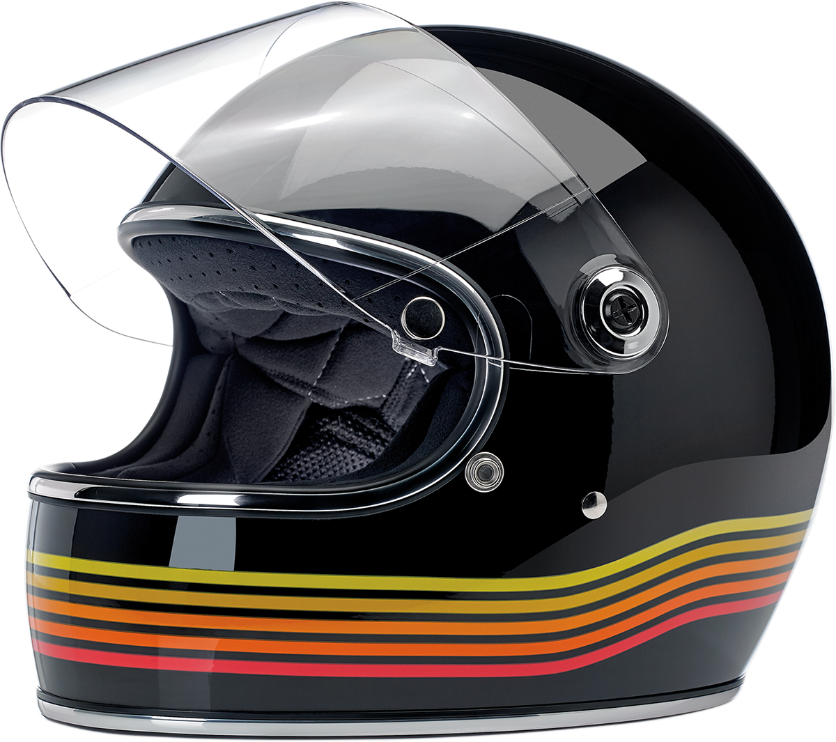 BILTWELL Gringo S Helmet in Gloss Black Spectrum, medium size, featuring a sleek design and secure strap, by Bill's Exhausts.