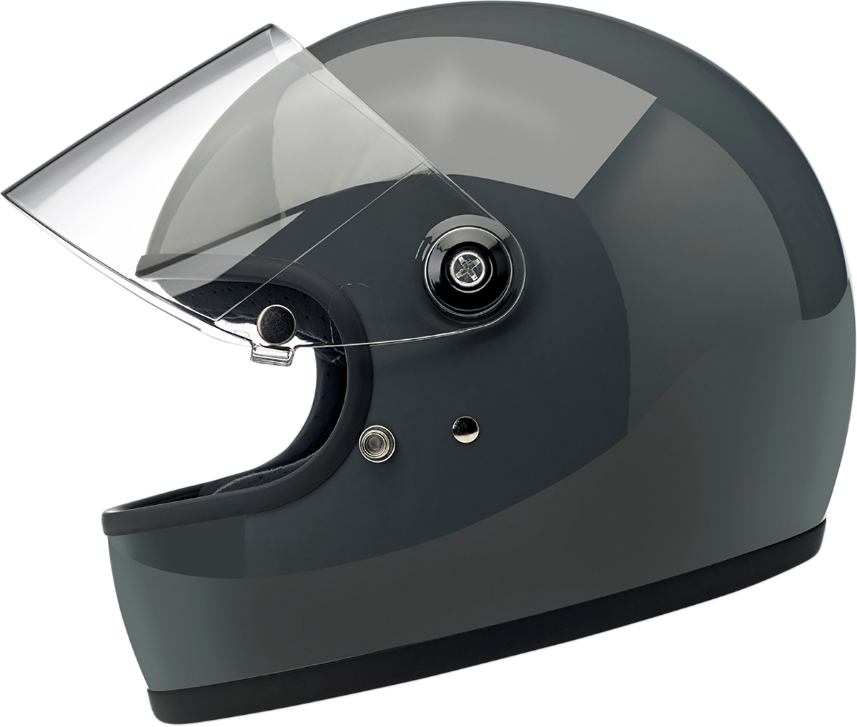 BILTWELL Gringo S helmet in gloss storm gray, XS size, featuring a smooth helmet shell and adjustable strap, designed for motorcycle riding.