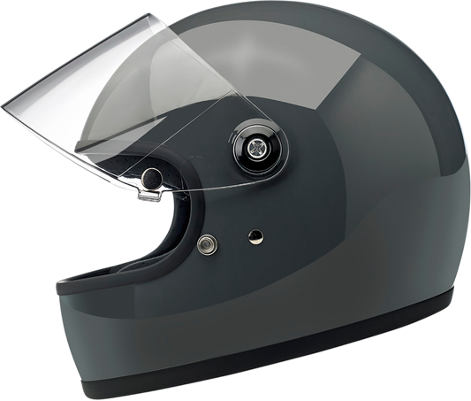 BILTWELL Gringo S helmet in gloss storm gray, XS size, featuring a smooth helmet shell and adjustable strap, designed for motorcycle riding.
