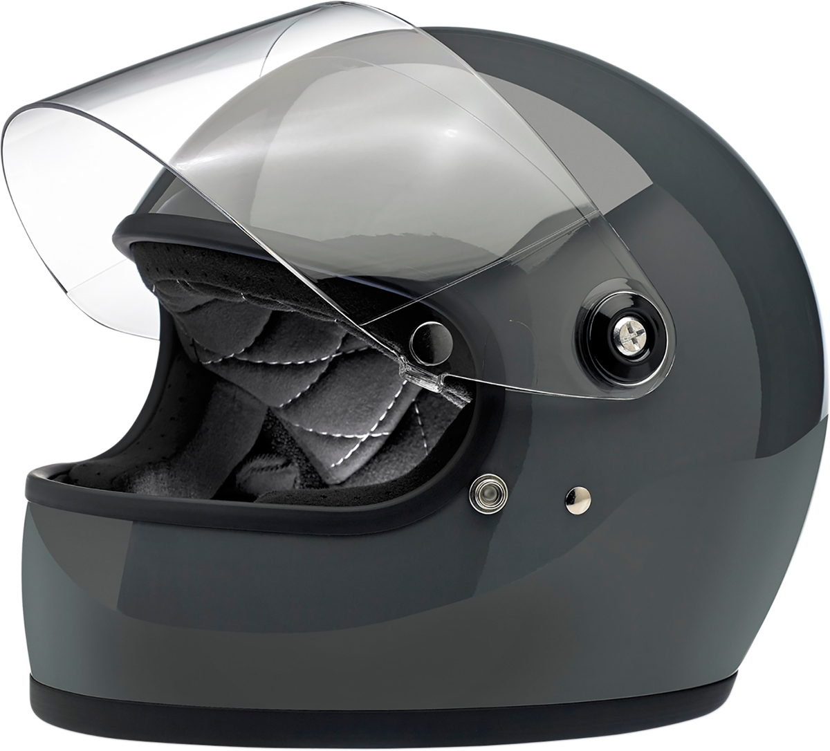 BILTWELL Gringo S helmet in glossy storm gray, size XS, with a sleek design and secure strap, on a plain background.